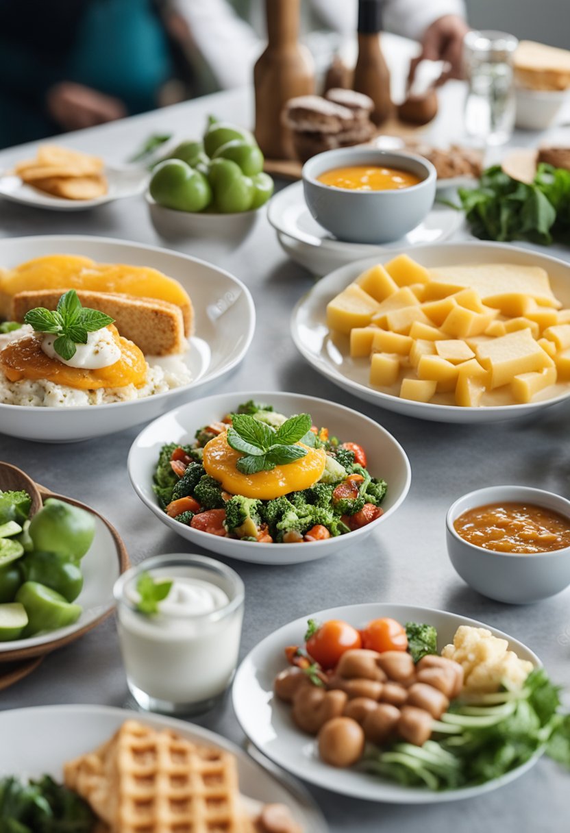 A table set with a variety of colorful and appetizing keto meals, including breakfast, lunch, and dinner options, along with some snacks and desserts