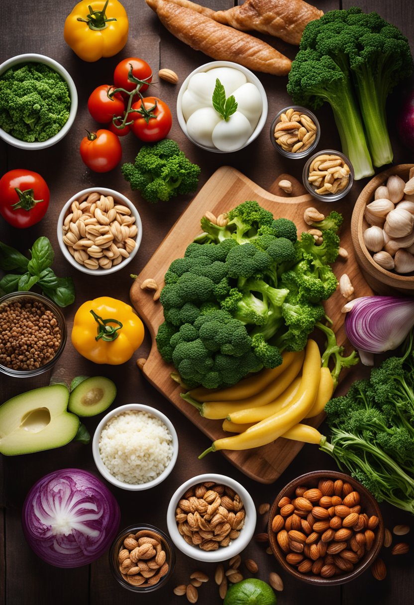 A colorful array of fresh vegetables, nuts, and lean meats arranged on a wooden cutting board, surrounded by keto-friendly recipe books and cooking utensils