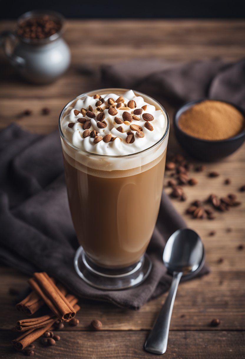 A glass of keto iced coffee with a frothy top, garnished with a sprinkle of cinnamon, sits on a rustic wooden table