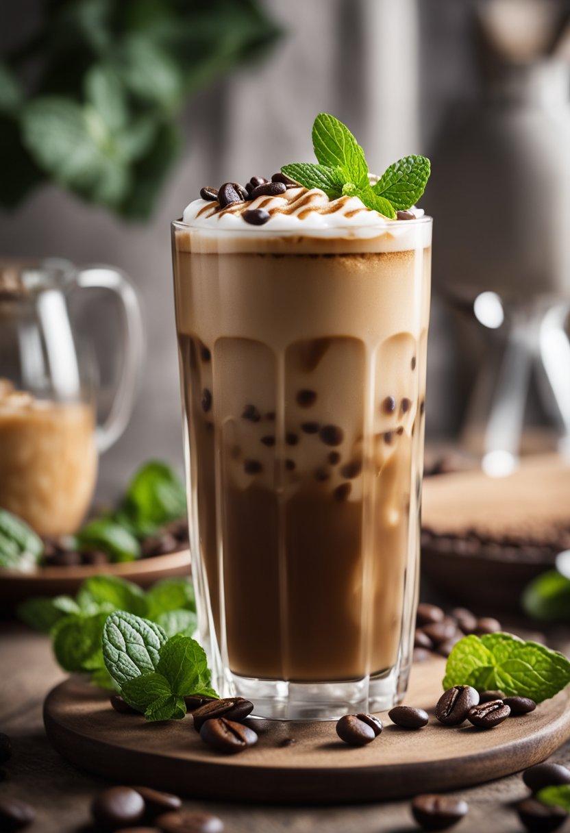 A glass of iced coffee with a creamy layer on top, surrounded by coffee beans and a sprig of mint for garnish