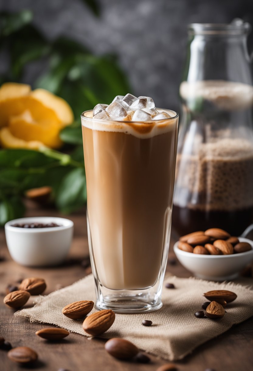 A glass filled with iced coffee, almond milk, and stevia, surrounded by coffee beans and a keto-friendly sweetener