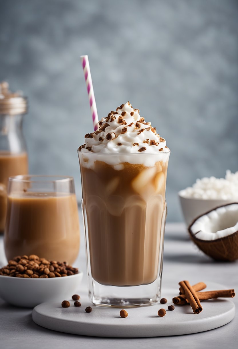 A glass filled with iced coffee, coconut milk, and sugar-free sweetener, topped with whipped cream and a sprinkle of cinnamon