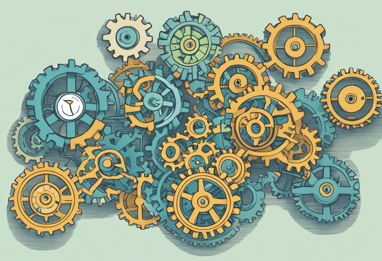 A web of interconnected gears, each representing a different aspect of an organization, turning in unison to symbolize a systems thinking approach to strategic planning and management