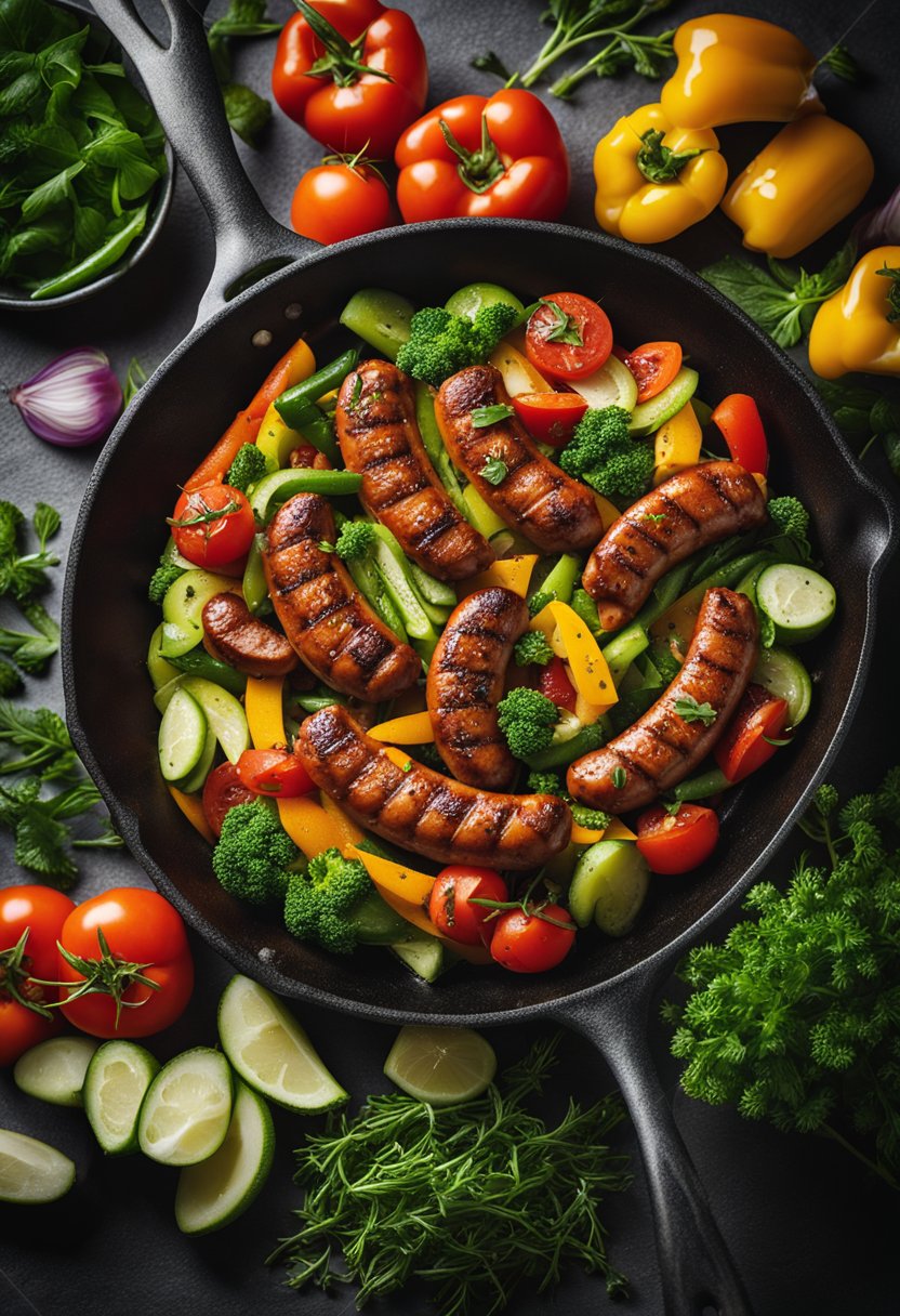 A skillet sizzling with grilled Italian sausages surrounded by vibrant green herbs and colorful vegetables