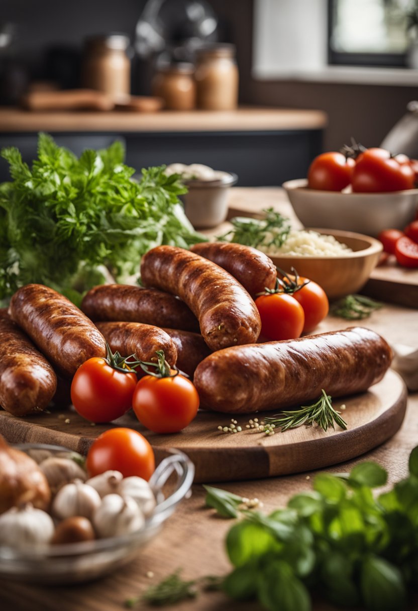 A kitchen counter with fresh ingredients like Italian sausages, tomatoes, garlic, and herbs, ready to be used for keto Italian sausage recipes