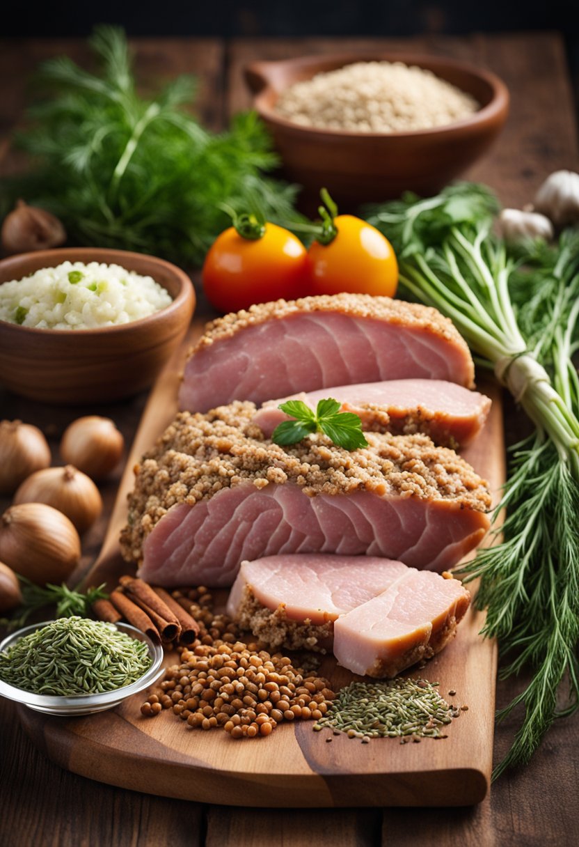 A colorful array of fresh ingredients like ground pork, garlic, fennel seeds, and various herbs and spices laid out on a wooden cutting board