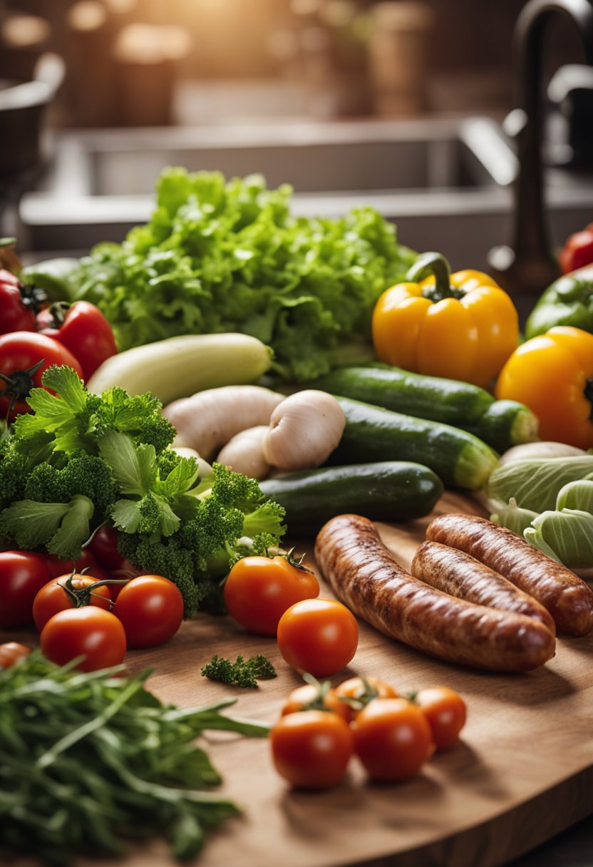 A rustic kitchen counter with a variety of colorful vegetables, herbs, and Italian sausages arranged neatly on a cutting board