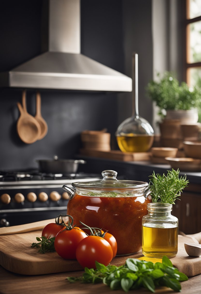 A rustic kitchen with fresh herbs, tomatoes, and olive oil on a wooden table. A pot of bubbling marinara sauce sits on the stove