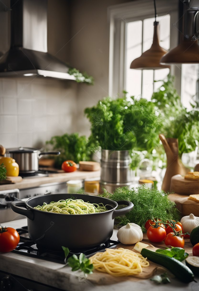 A rustic kitchen with fresh herbs, olive oil, tomatoes, and a variety of cheeses. A pot of zucchini noodles simmers on the stove as a chef prepares keto Italian dishes