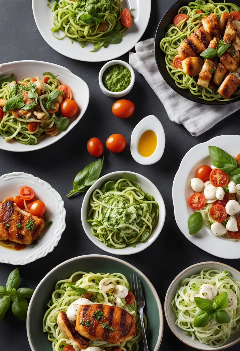 A table set with a colorful array of keto-friendly Italian main dishes, including zucchini noodles with marinara sauce, grilled chicken with pesto, and a caprese salad