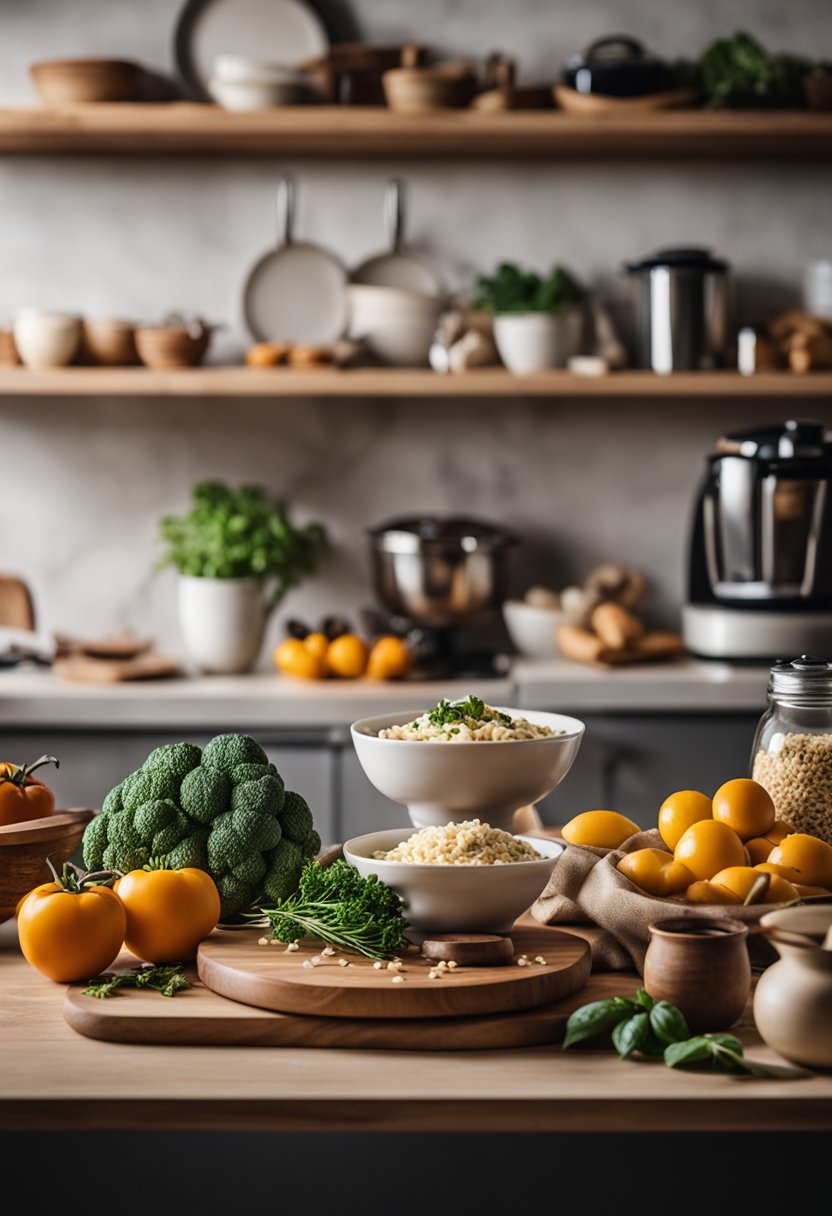 A kitchen counter with keto-friendly Italian ingredients and traditional dishes