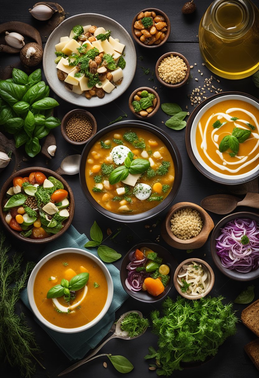 A rustic table set with a variety of keto Italian soups, salads, and side dishes, surrounded by fresh herbs and ingredients