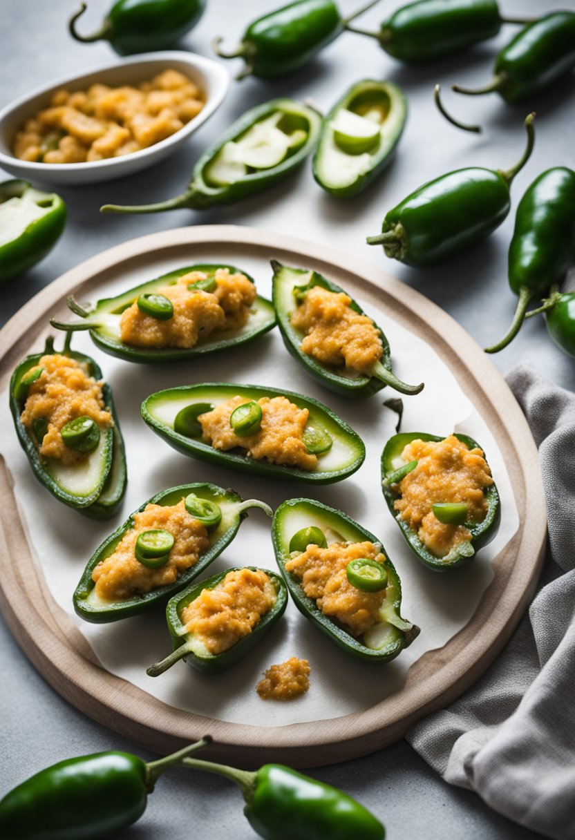 A plate of keto jalapeno poppers surrounded by fresh jalapenos, a cutting board, and a knife