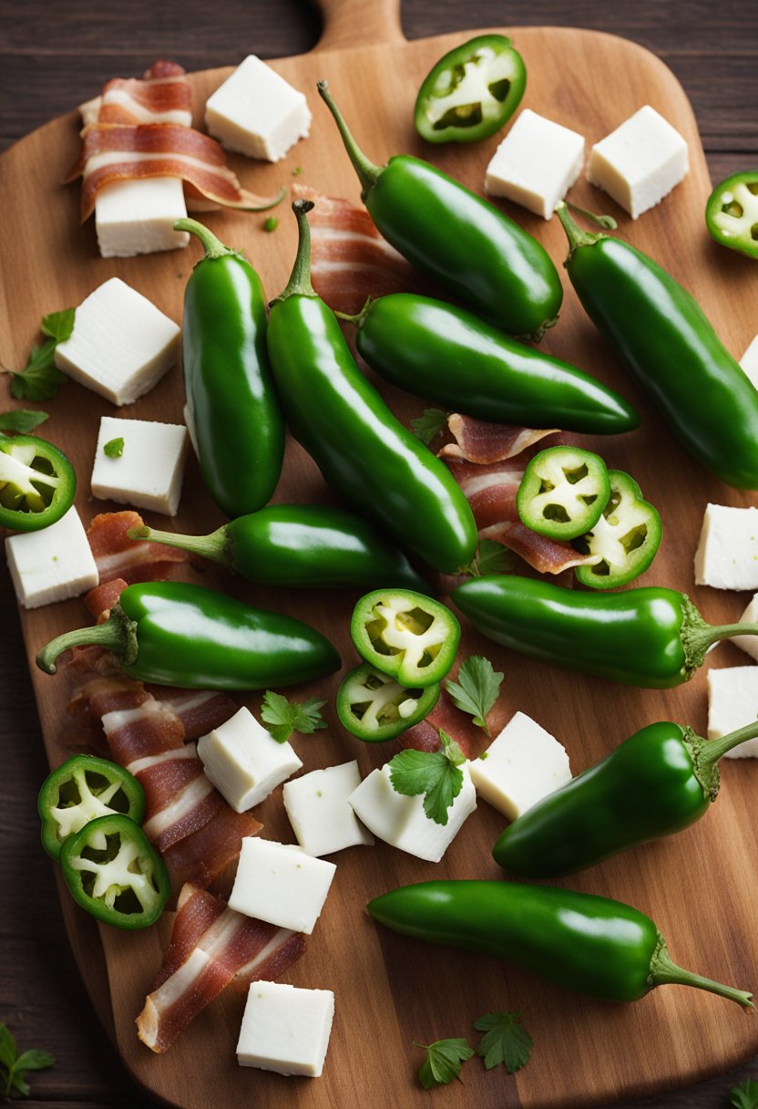 Fresh jalapenos, cream cheese, bacon, and spices arranged on a wooden cutting board