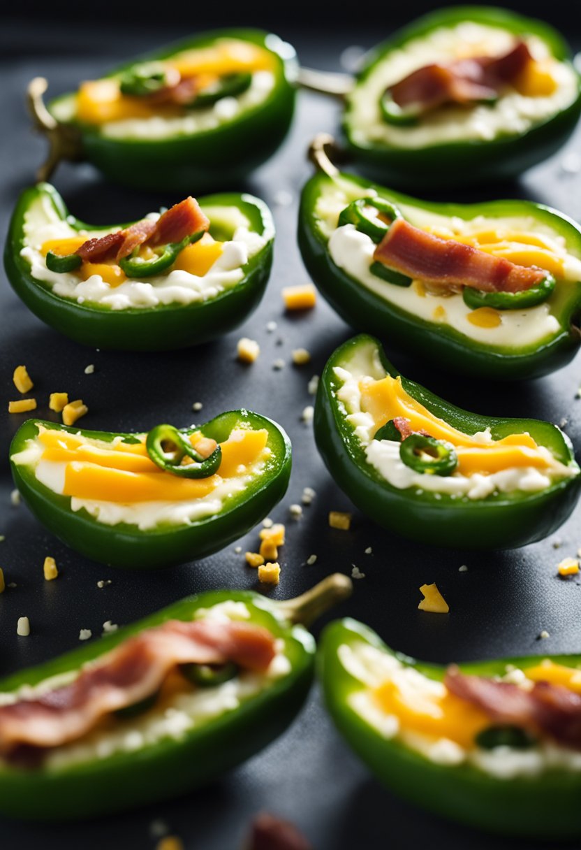 Fresh jalapenos being halved and deseeded, filled with cream cheese and cheddar, then wrapped in bacon and baked until golden and crispy