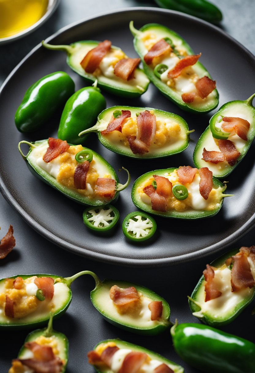 A plate of keto jalapeno poppers surrounded by fresh jalapenos, cheese, and bacon, with a nutritional profile and benefits listed nearby