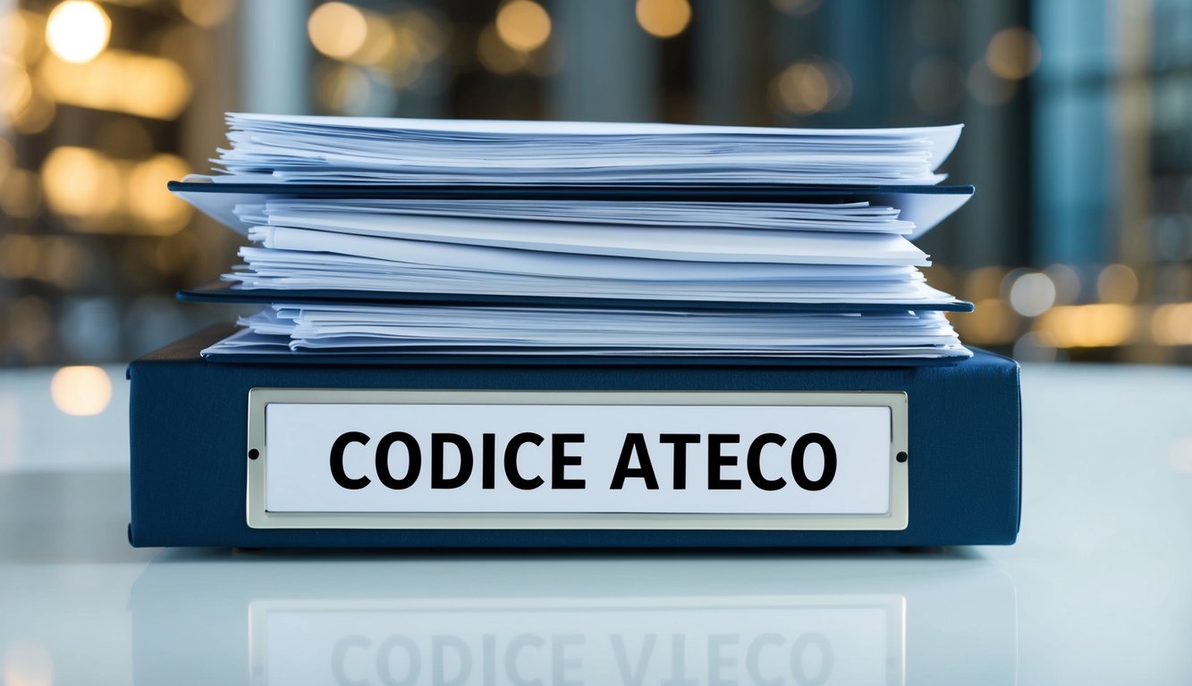 Una pila di documenti aziendali con il titolo "Codice ATECO" in evidenza sulla copertina