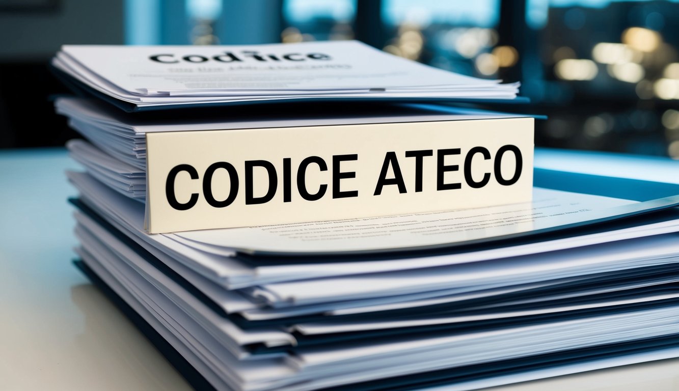 Una pila di documenti aziendali con il titolo "Codice ATECO" ben in evidenza sulla prima pagina