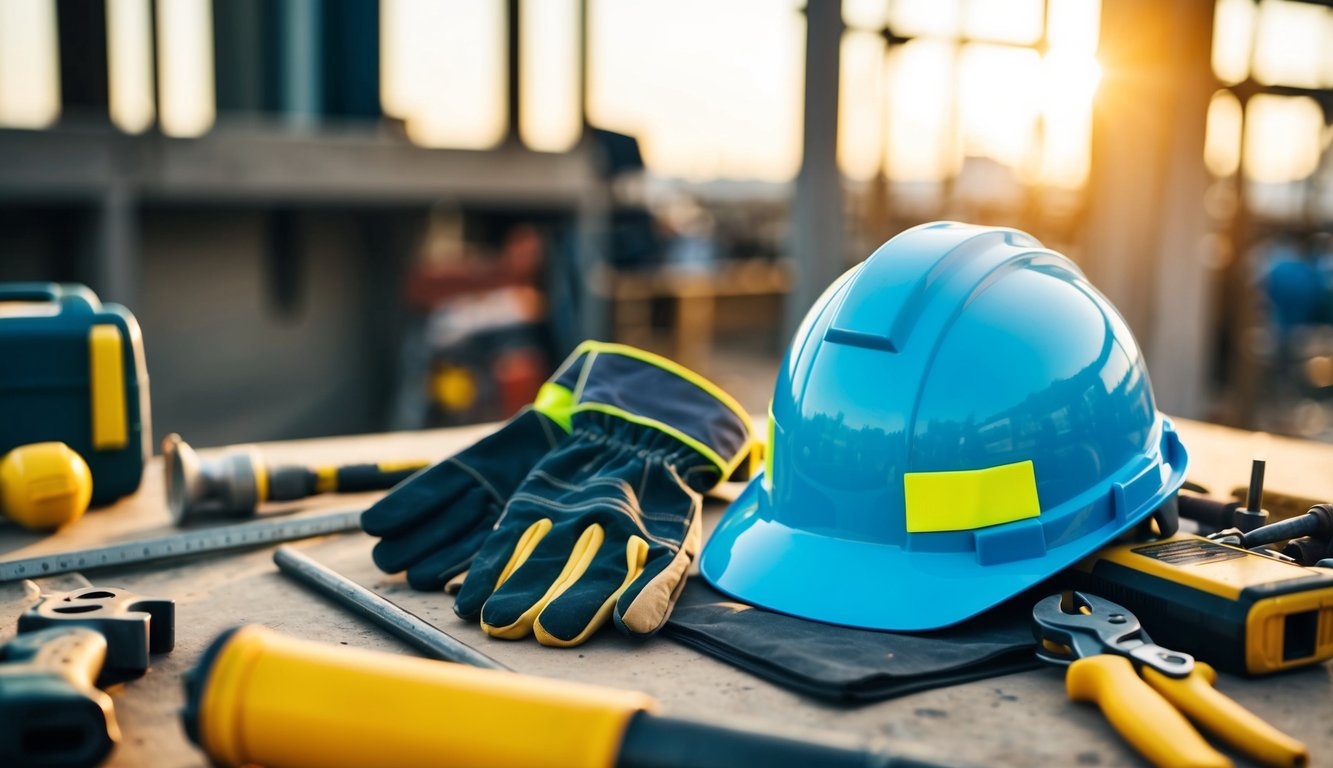 Un casco di sicurezza e un paio di guanti da lavoro giacciono su un tavolo del cantiere, circondati da vari strumenti e attrezzature.