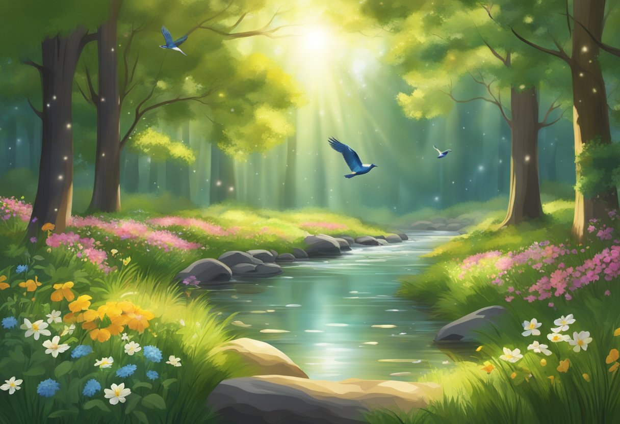 A serene forest glade with sunlight filtering through the trees, where a gentle stream flows and birds sing, surrounded by blooming wildflowers