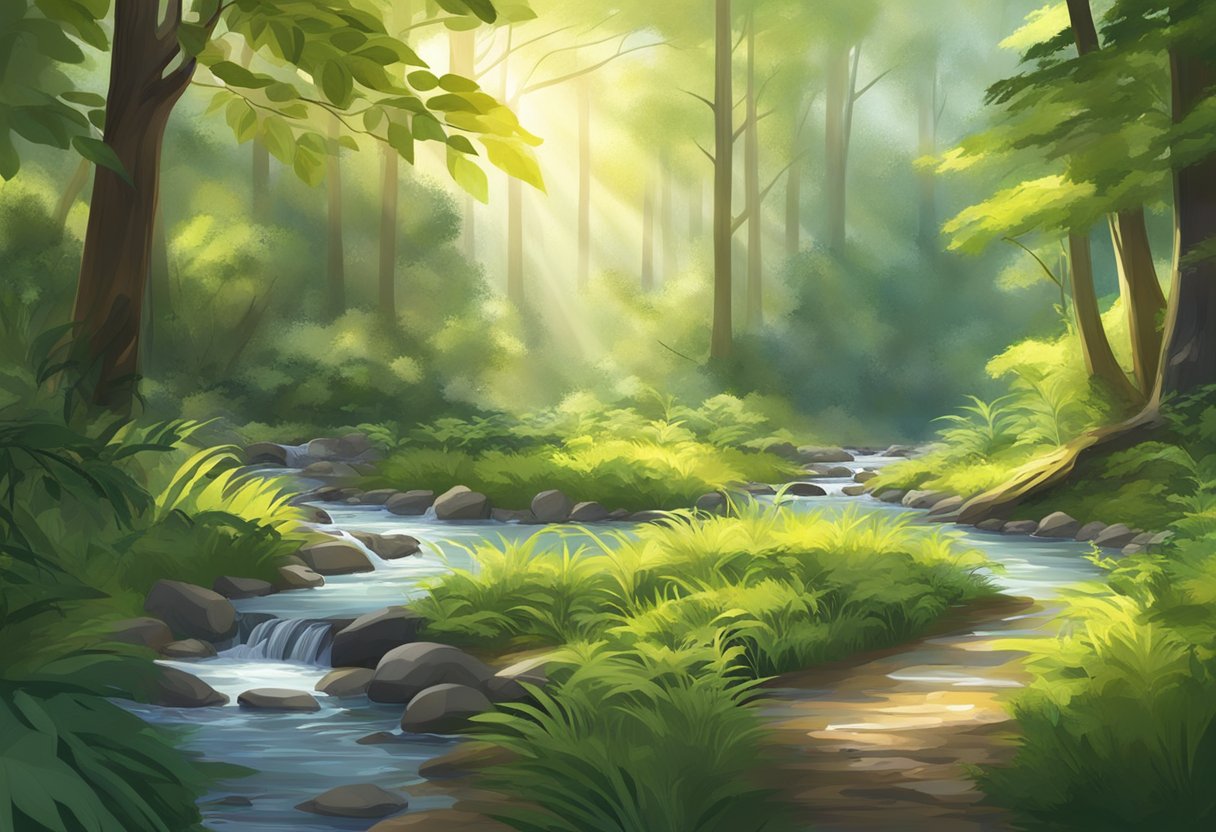 A serene forest with sunlight filtering through the leaves, as a stream winds its way through the peaceful landscape, surrounded by diverse flora and fauna