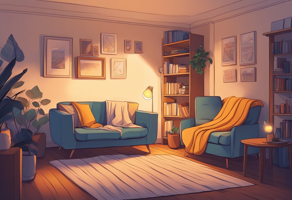 A person sitting alone in a cozy room, surrounded by soft blankets and warm lighting, while listening to acoustic music with closed eyes, appearing relaxed and at peace