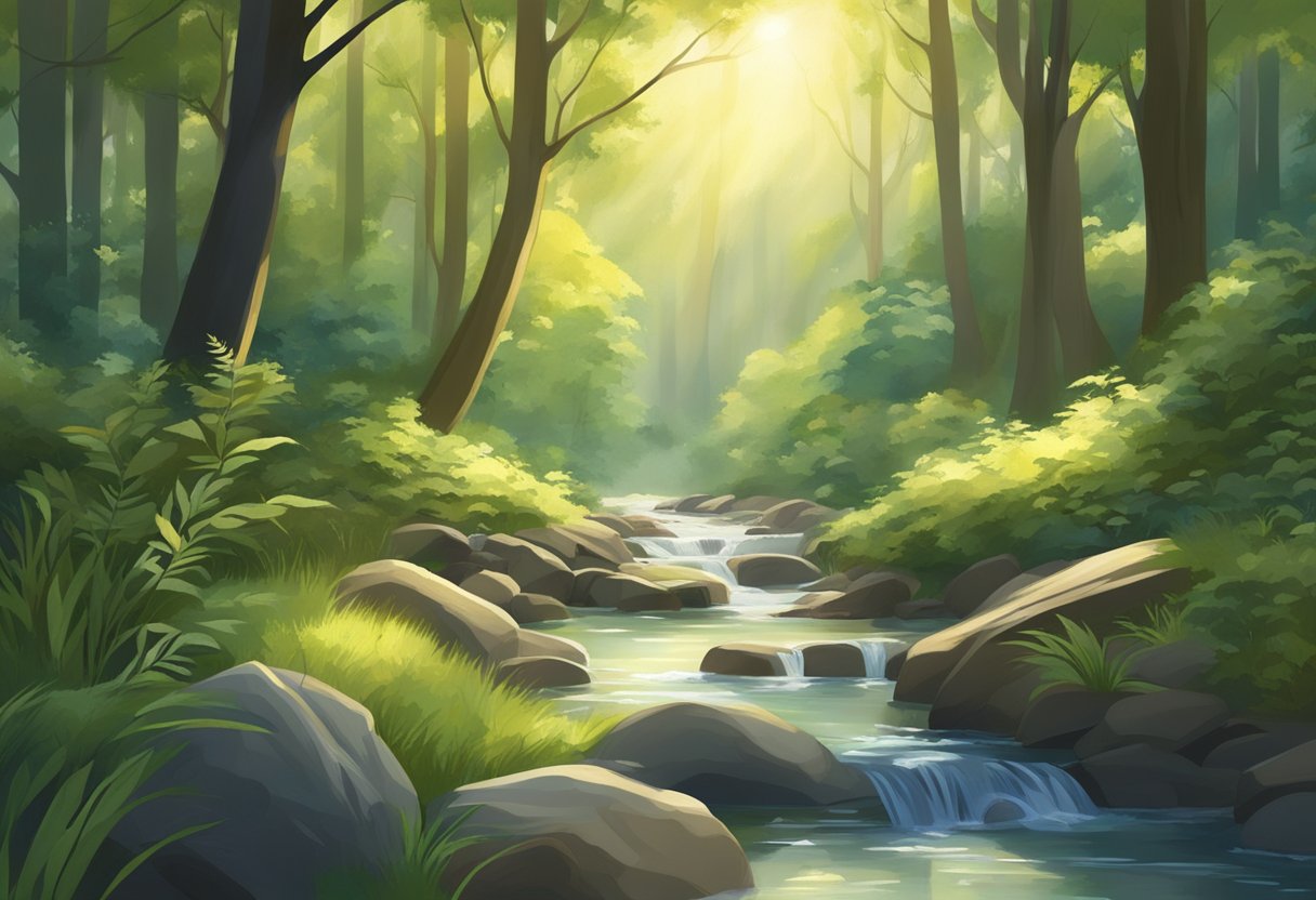 A tranquil forest with a stream, birds, and sunlight filtering through the trees, creating a peaceful and serene atmosphere