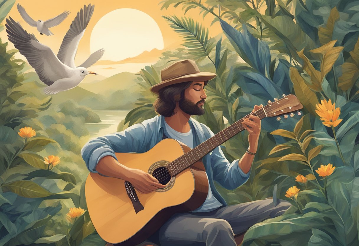A person playing acoustic guitar in a peaceful, natural setting, surrounded by plants and wildlife, with a sense of tranquility and healing energy