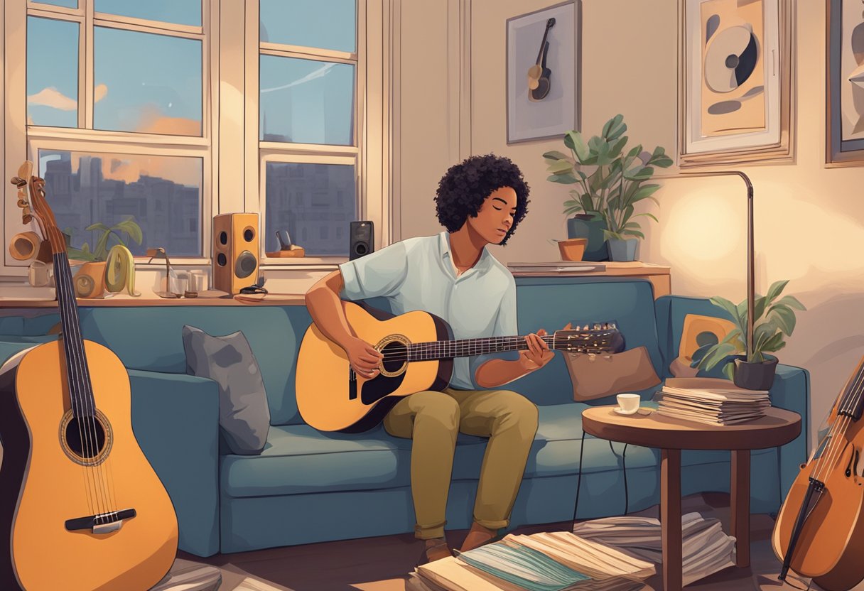 A person sits in a cozy room surrounded by musical instruments, listening to acoustic music with a serene expression on their face