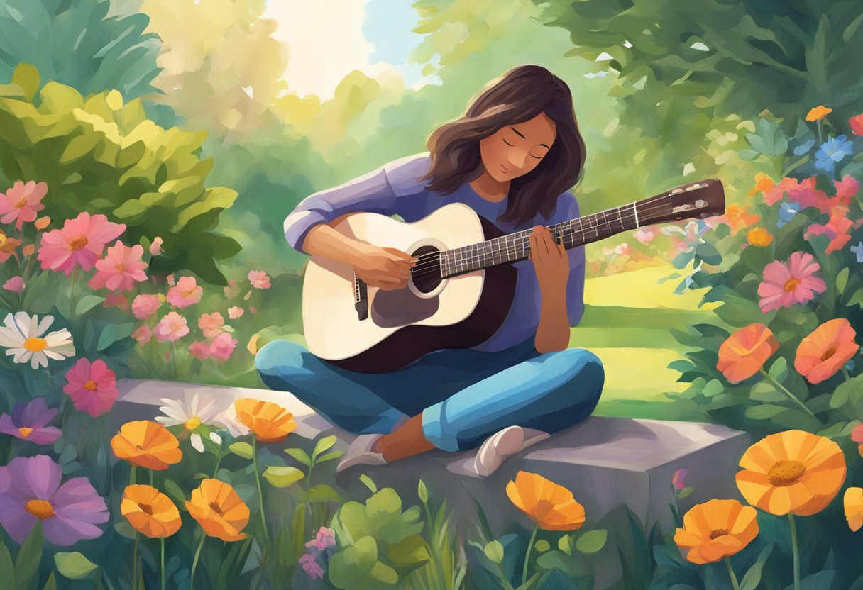 A person sits in a peaceful garden, surrounded by lush greenery and colorful flowers, playing a soothing acoustic melody on a guitar. The music fills the air, creating a sense of calm and healing