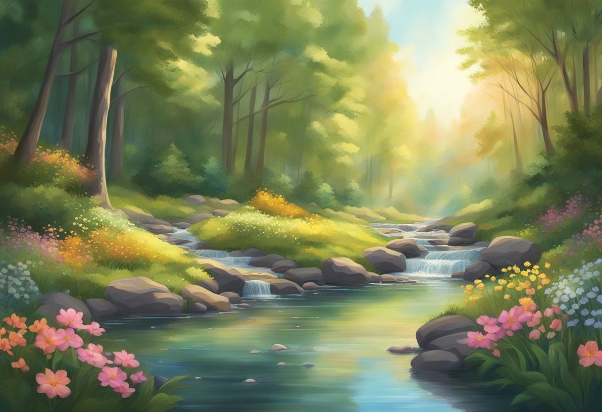 A serene, sunlit forest clearing with a gentle stream, surrounded by lush greenery and colorful flowers, as soft acoustic melodies fill the air
