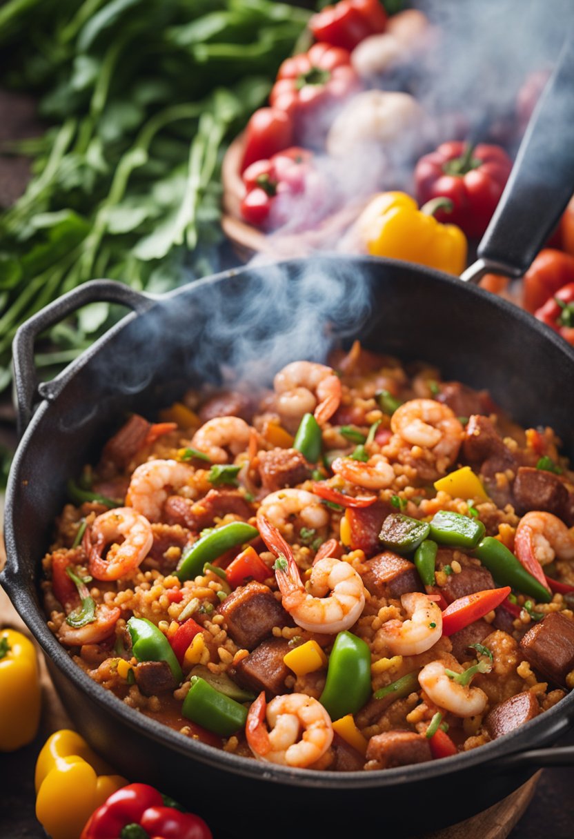 A steaming pot of keto jambalaya cooks over an open flame, filled with colorful peppers, chunks of sausage, and tender shrimp