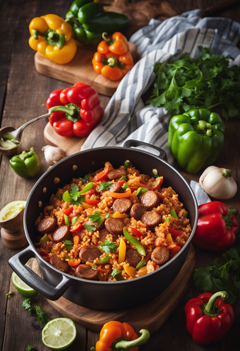 A steaming pot of keto jambalaya surrounded by colorful bell peppers, onions, and spicy sausage on a rustic wooden table