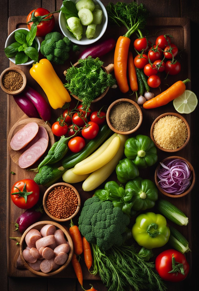 A colorful array of fresh vegetables, spicy sausages, and aromatic herbs and spices arranged on a wooden cutting board