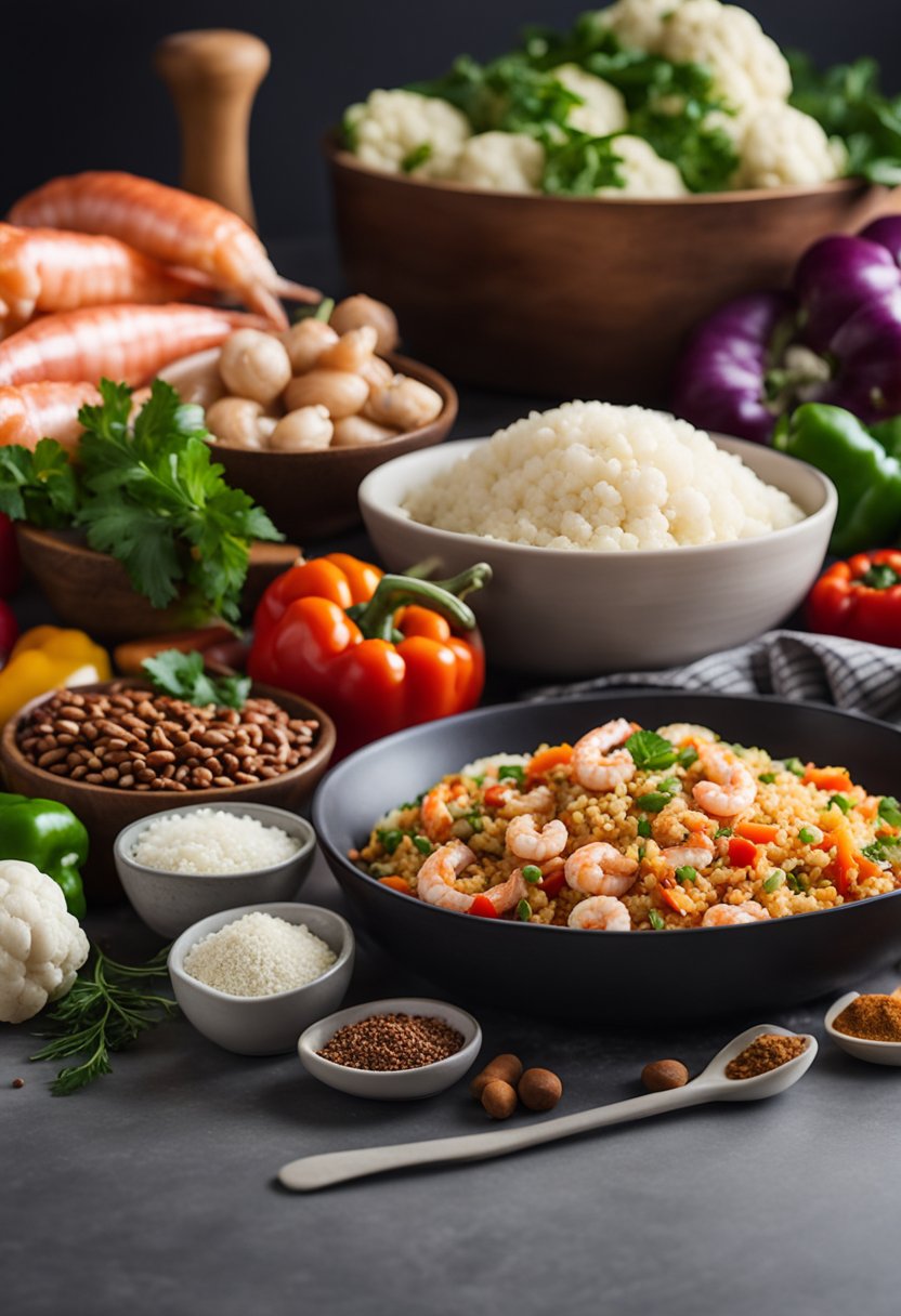 A kitchen counter with various keto-friendly ingredients like cauliflower rice, bell peppers, andouille sausage, shrimp, and spices laid out for making keto jambalaya