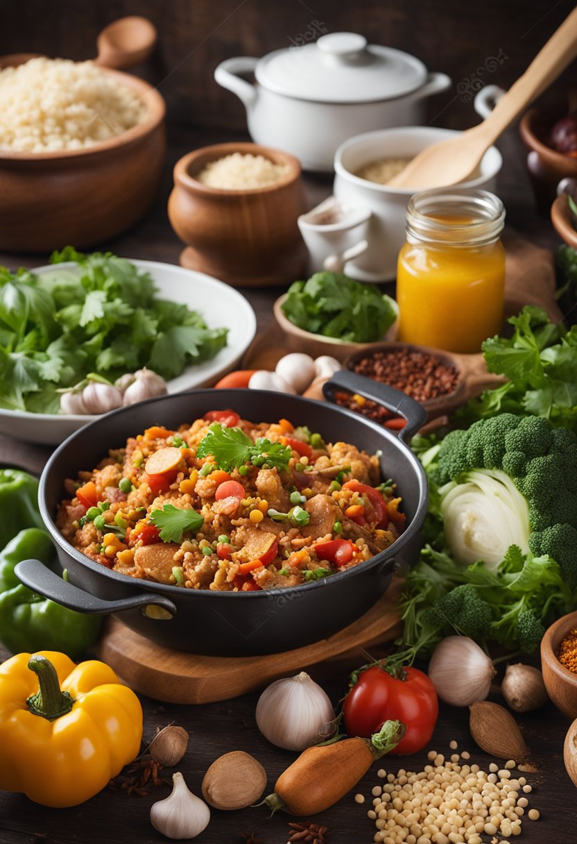 A colorful array of fresh vegetables and spices arranged around a steaming pot of keto jambalaya, with various storage containers nearby