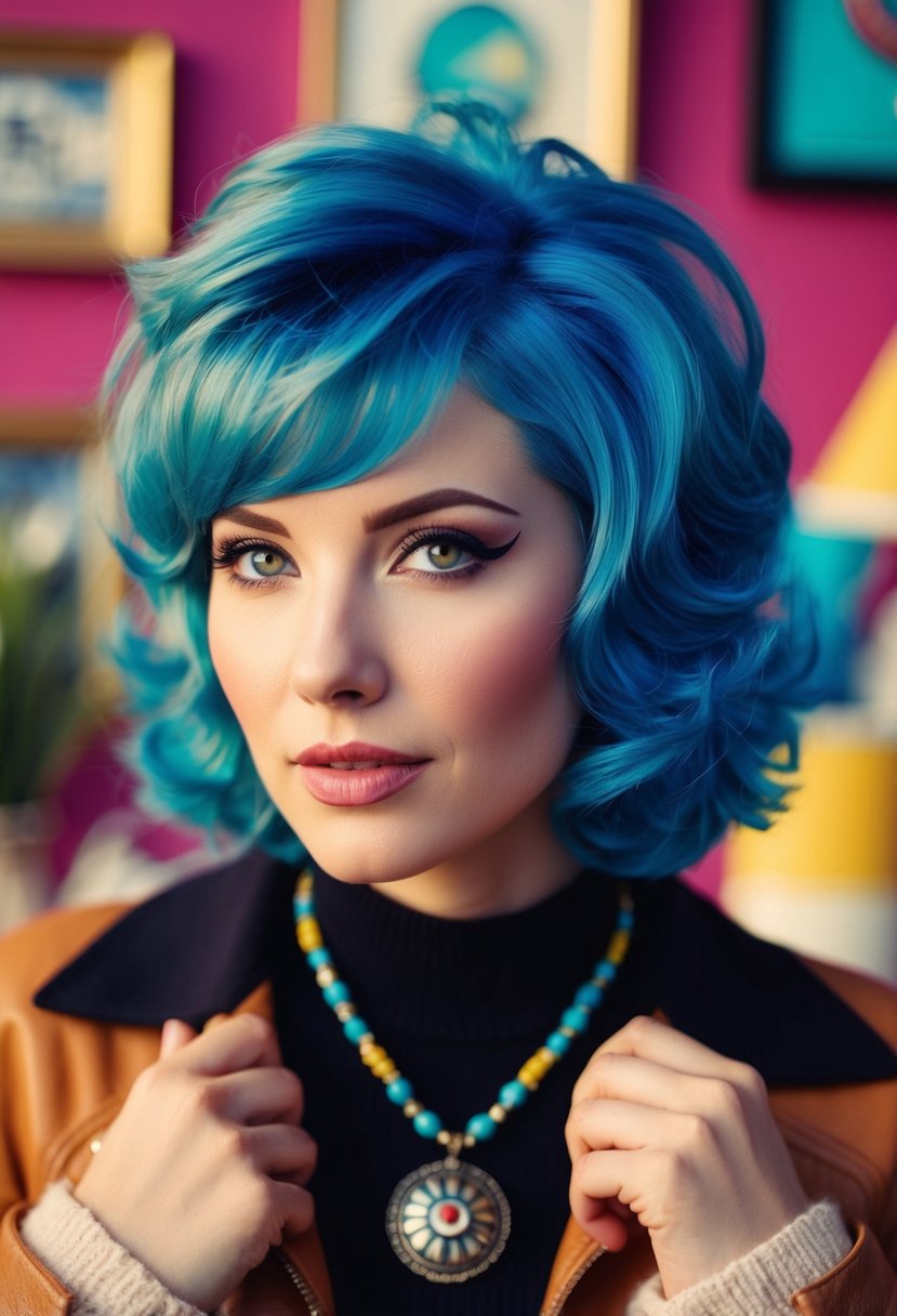 A woman with a 70s-inspired wolf cut hairstyle, surrounded by retro decor and wearing vintage clothing