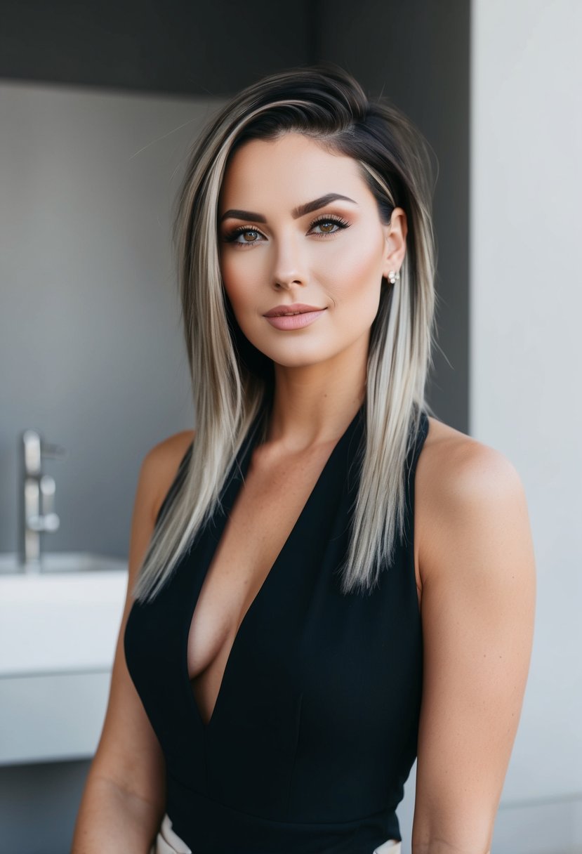 A woman with a long wolf cut hairstyle, featuring highlights, poses for a photo in a modern, minimalist setting