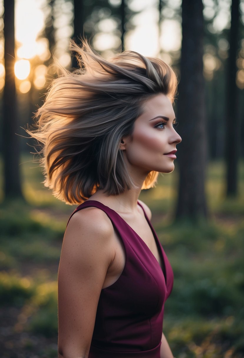 A woman with a voluminous wolf cut hairstyle walks through a forest at sunset, the wind tousling her hair as she gazes into the distance