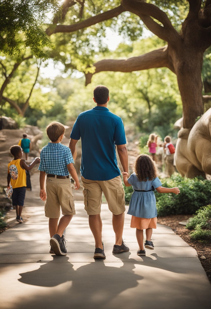 A family with children explores the Waco Zoo, children pointing at animals while parents carry snacks and a map