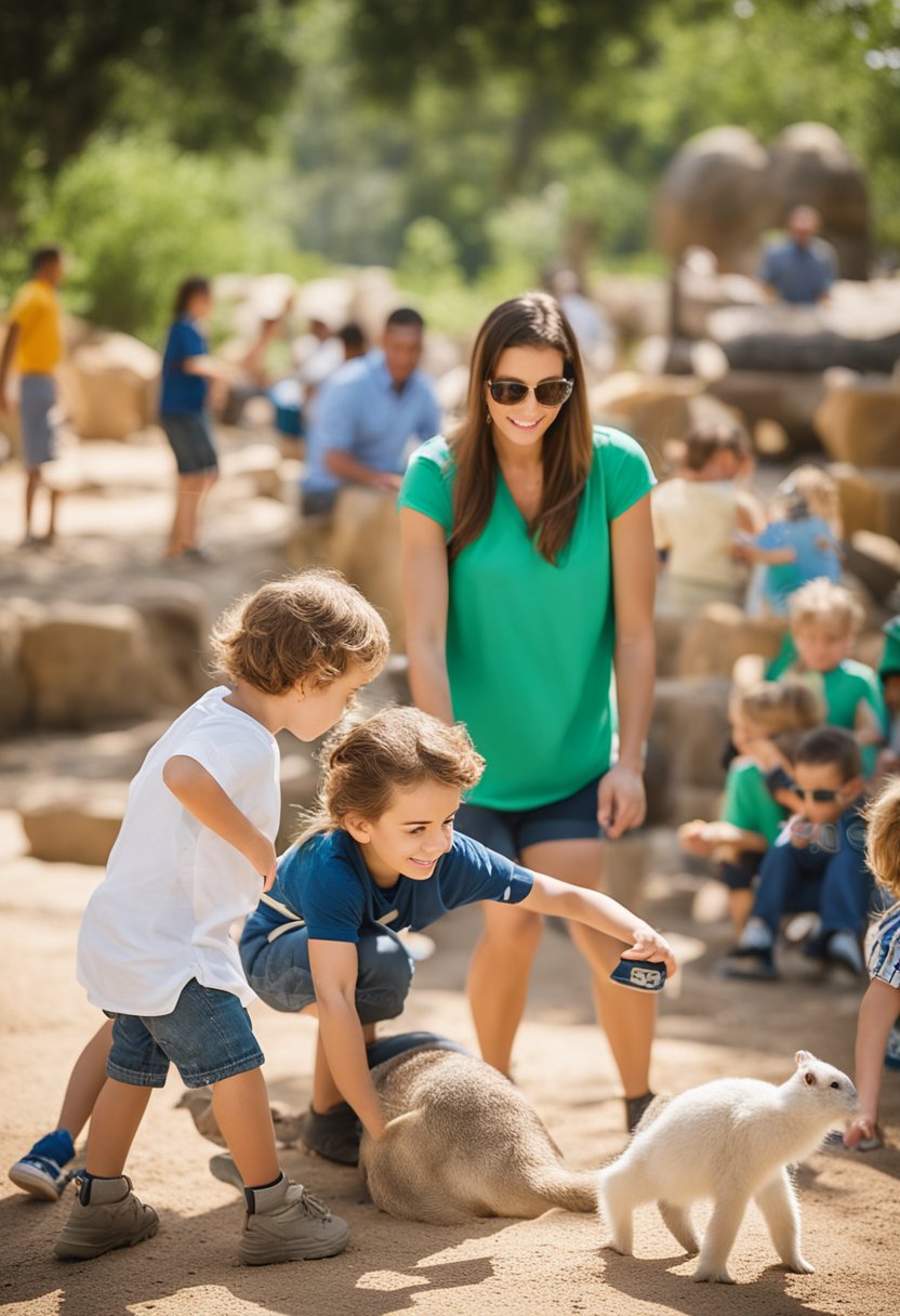 A sunny day at the Waco Zoo, with families enjoying the various animal exhibits and children playing in the designated play areas