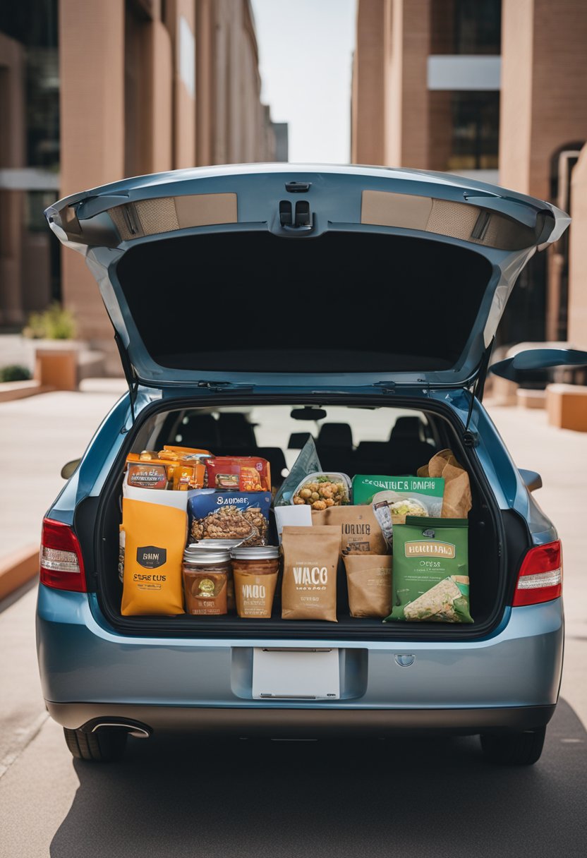 A family packing suitcases and snacks into a car trunk, with a map and guidebook of Waco on the dashboard