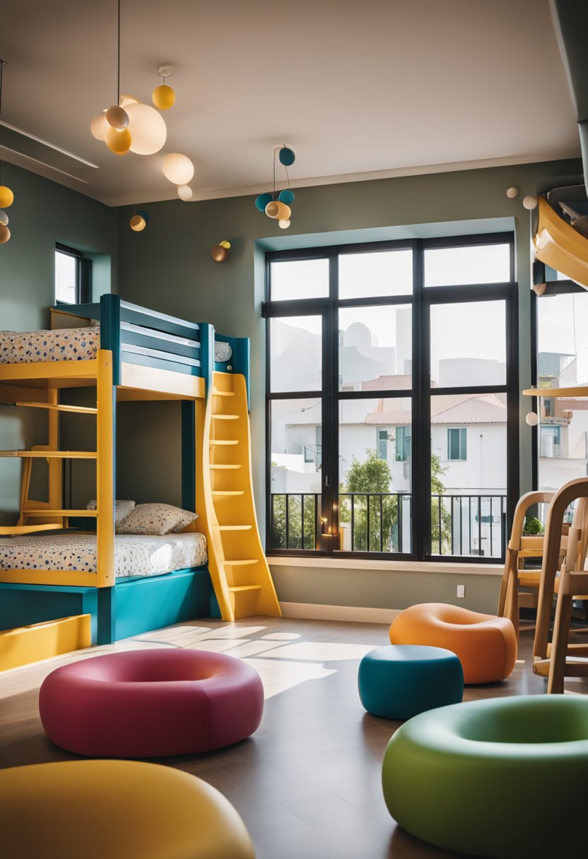 A cozy hotel room with bunk beds, a colorful play area, and a high chair in the dining area. A swimming pool and playground are visible through the window