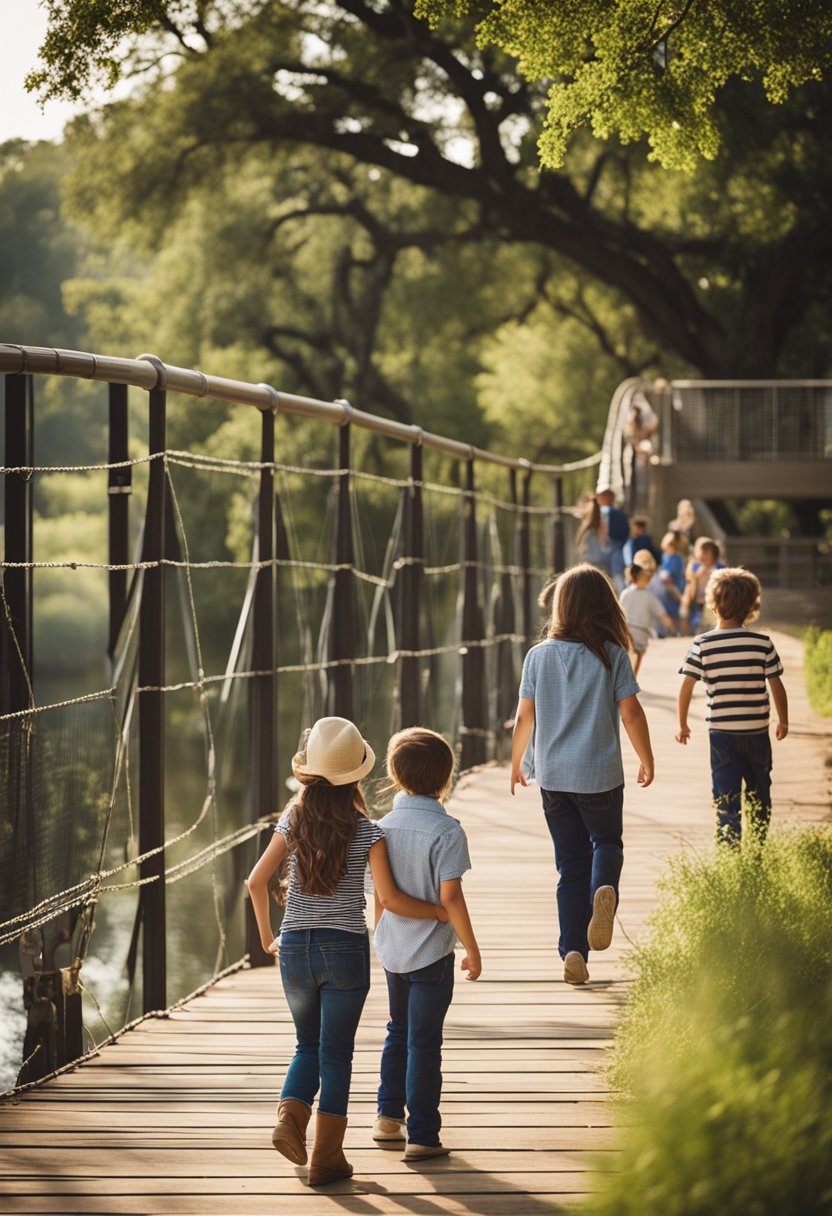 A family exploring the Waco Suspension Bridge with children playing and admiring the view of the Brazos River