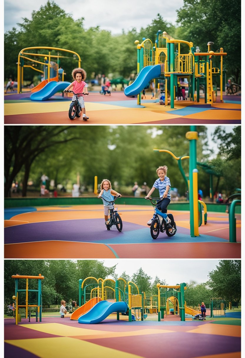 Children playing on a colorful playground in a spacious park, surrounded by green trees and picnic areas. Families enjoying outdoor activities like biking and hiking on well-maintained trails