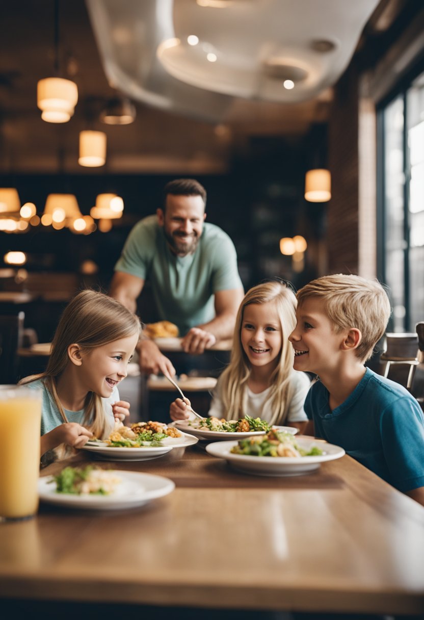 A family dining at a kid-friendly restaurant in Waco, with children happily engaging in activities while parents enjoy a meal