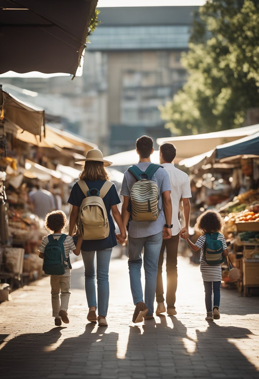 A family with children walks through a bustling market in Waco, carrying backpacks and holding hands. They pass by a sign with safety tips for traveling with children