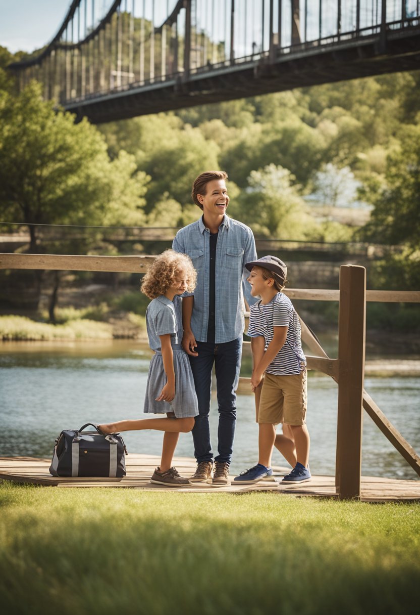 A family stands by the Waco Suspension Bridge, kids playing and parents smiling. Nearby, a map and guidebook lay open on a picnic table