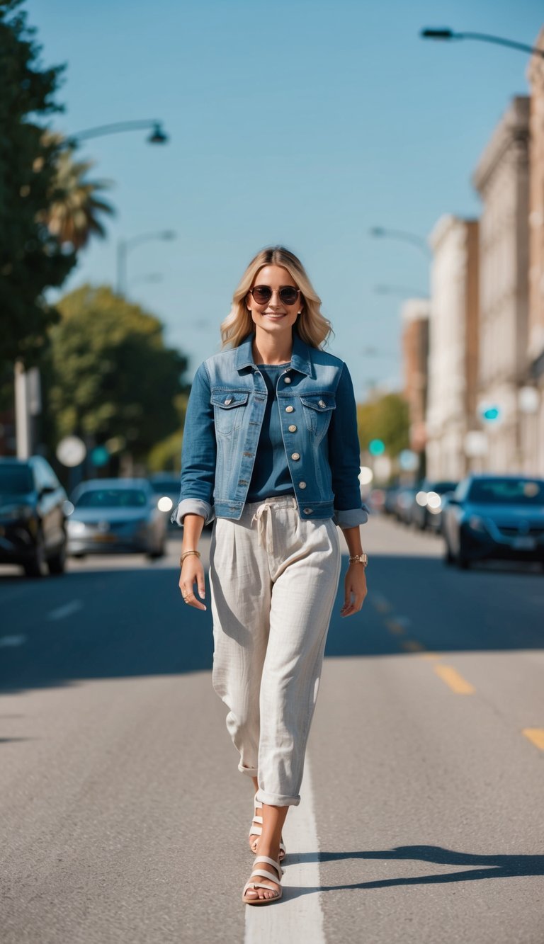 A woman wearing casual linen pants and a denim jacket walks along a sunny summer street