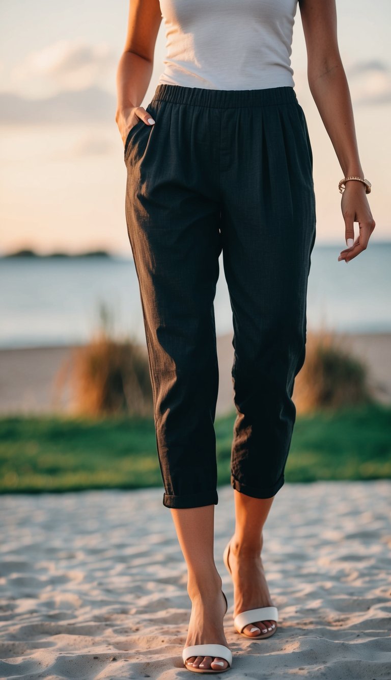 A woman's lower body wearing black linen ankle pants and a tank top, set against a summer backdrop